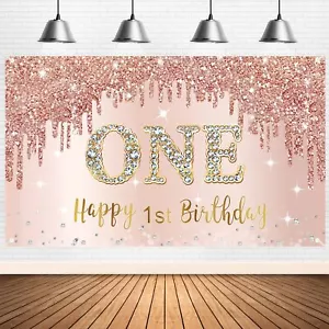 Happy 1st Birthday Banner Backdrop Decorations for Girls Rose Gold 1 Year Old... - Picture 1 of 5