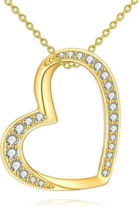 Sterling Silver Gold Plated Heart CZ Necklace Christmas Gifts for Women Wife Mom - Picture 1 of 6