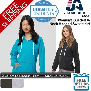 🔥 J. America Women Sueded V-Neck Hooded Sweatshirt Pocket Up To 2XL 8836 - Picture 1 of 13