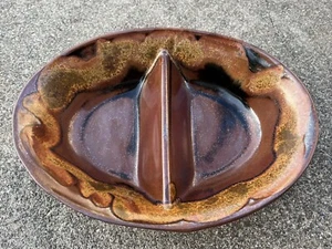 Pottery Ceramic Glazed Brown Drip Divided Bowl Dish Serving 9.25” X 6.50 - Picture 1 of 7