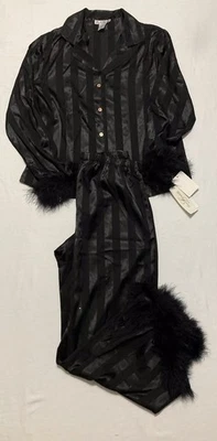 NWD LINEA DONATELLA 2-Pc. Satin Feather-Trim Pajama Set BLACK S - Image 1 of 4