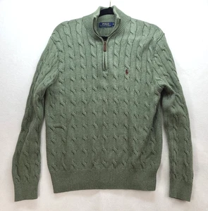 Polo Ralph Lauren Mens Cable Knit Quarter Zip Sweater Sage Green Brown Pony Sz M - Picture 1 of 11