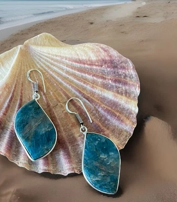 Brincos artesanais azul apatita - Banhado a prata esterlina 925 - Novo em folha - Imagem 1 de 3