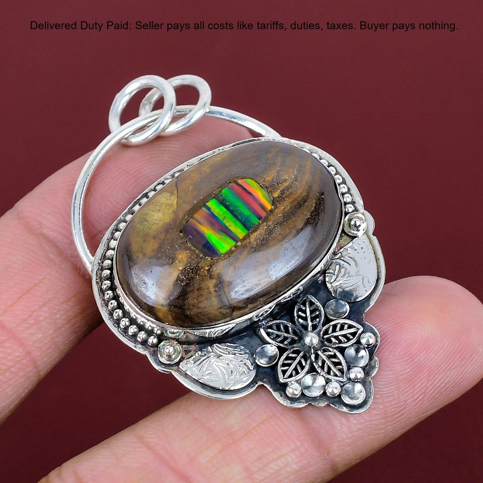 Кулон на день рождения из стерлингового серебра 925 пробы с этопийским опалом и камнем опалом и цветком - Изображение 1 из 4