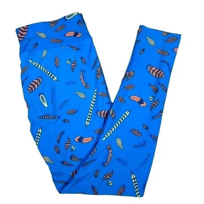 Lularoe Leggings Blue Orange Yellow Feathers Print Unicorn HTF Tall & Curvy TC - Imagem 1 de 4