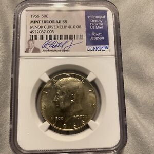 Mint Error Clipped 1966 Philadelphia Silver Kennedy Half Dollar Coin NGC AU 55