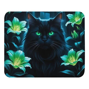 Floral Black long hair cat with glowing vibrant green eyes Mouse pad - Afbeelding 1 van 1
