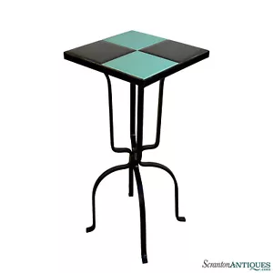 Vintage California Tile Black & Turquoise Wrought Iron Plant Stand Table - Picture 1 of 10