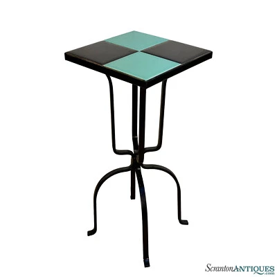 Vintage California Tile Black & Turquoise Wrought Iron Plant Stand Table - Image 1 of 4