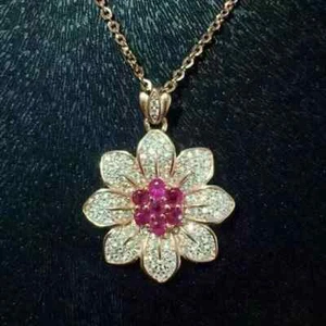 2Ct Round Cut Lab Created Red Ruby Flower Pendant 14K Rose Gold Plated - Picture 1 of 6