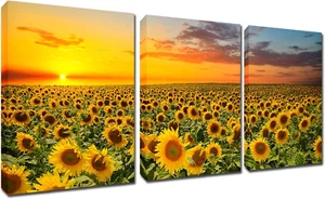 Sunflowers Painting Wall Art Canvas - Sunshine 3 Panles Framed Pictures Florals - Picture 1 of 12