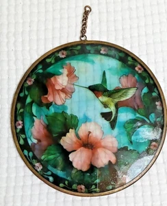 Vtg. Painted Glass Hanging Sun Catcher Flower Hummingbird Made in Mexico 4.5 in. - Picture 1 of 2