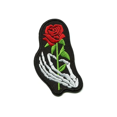 Skeleton Hand Holding Red Rose Embroidered Iron On Patch DIY Applique - Image 1 of 2