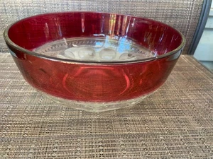 Vintage Tiffin Kings Crown Thumbprint Ruby Flashed Salad Serving Bowl 9 1/2" - Picture 1 of 3