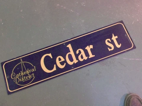Vintage CEDAR ST Cathedral District Street Sign 36" X 9" - GOLD on NAVY Ground Cover