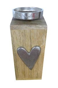 Kerzenständer Mangoholz mit Metallherz | Kerzenhalter Holz | 22x9 cm - Bild 1 von 2