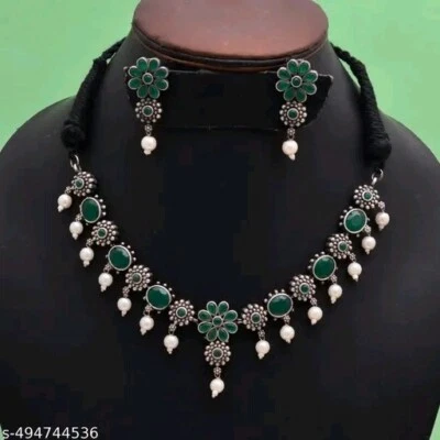 Новый окисленное серебро длинное ожерелье серьги индийский этнический Navratri ювелирный набор - Изображение 1 из 4