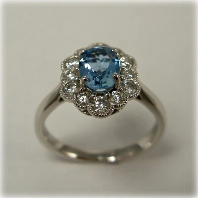 1.40 Ct Oval Cut Real Aquamarine & Diamond Engagement Ring 14K Solid White Gold - Image 1 of 4