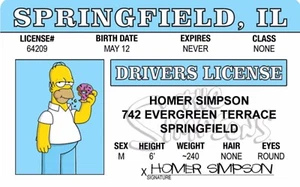 Homer Simpson Drivers License 3.4” X  2.2” Laminated ID Card. - Picture 1 of 2