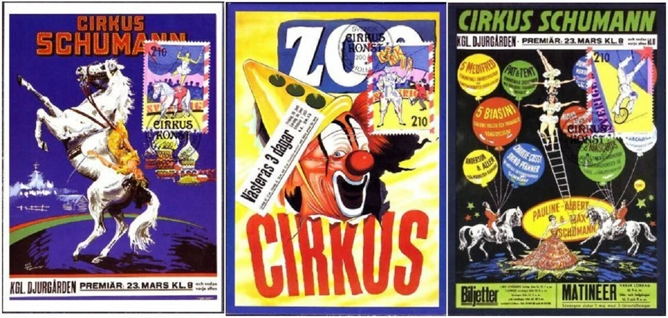 Clown White Horse Circus Schumann Sweden 3 Mint FDC Maxi Cards 1987 - Image 1 of 1