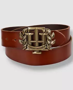 Tommy Hilfiger Men's Brown Iconic Monogram Crest Plaque Buckle Leather Belt Sz S - Picture 1 of 1