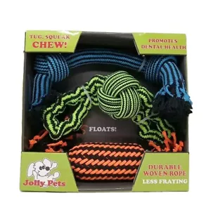 Jolly Pets-3pk Tug,Squeak & Chew Durable Woven Rope, Bungee Handles, Knot-N-Chew - Picture 1 of 3