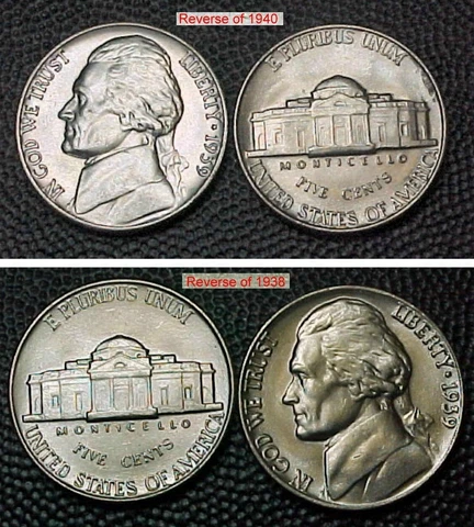 1939 BU Jefferson Nickels, 2 Coins: Reverse of 1938 And Reverse of 1940 Cover