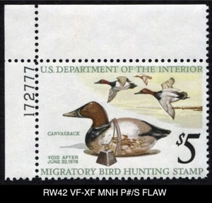 RW42 VF-XF MNH PLATE# SINGLE FLAW 1975 Canvasbacks Federal Duck Stamp Waterfowl - Picture 1 of 4