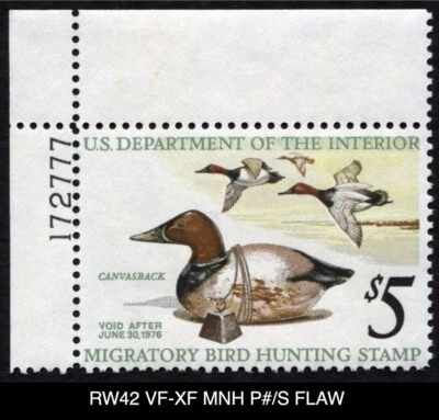 RW42 VF-XF MNH PLATE# SINGLE FLAW 1975 Canvasbacks Federal Duck Stamp Waterfowl - Image 1 of 4