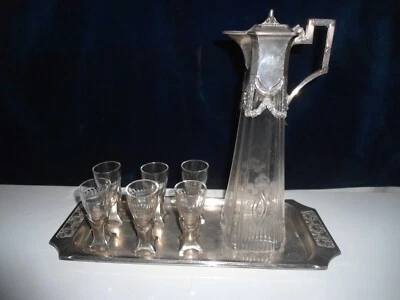 WMF ART NOUVEAU JUEGO DE LICOR JARRA DE VIDRIO JARRA 6 TAZAS DE CHUPITO Foto 1 de 4