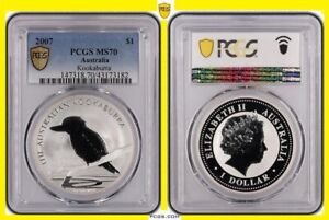 2007 $1 Australia Kookaburra 1 oz Silver  PCGS MS 70 SHIELD PROTECTION POP 100