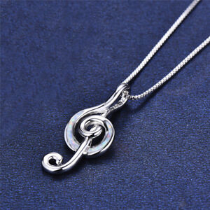 Silver Lab White Simulated Opal Cz Musical Note Necklace Pendant For Women