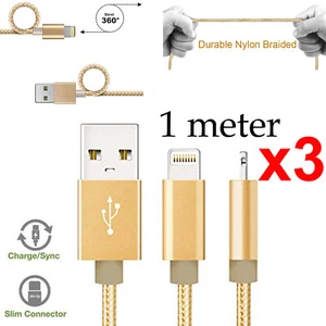 x3 1m for Apple iPhone 7 8 PLUS X XS Pro Max XR 11 12 iPad braided charger cable - Bild 1 von 4
