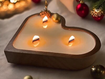 Wooden Dough Bowl Candle, Heart Designer's Candle, Organic Soy Wax, Handmade - Image 1 of 3