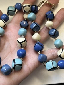 Vintage Cubic Ceramic Painted blue and white beads Chunky Artsian - Picture 1 of 5