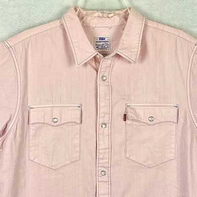 Levis Relaxed Western Pearl Snap Denim Shirt Men M Pink Cowboy Ranch Heavyweight - Image 1 of 4