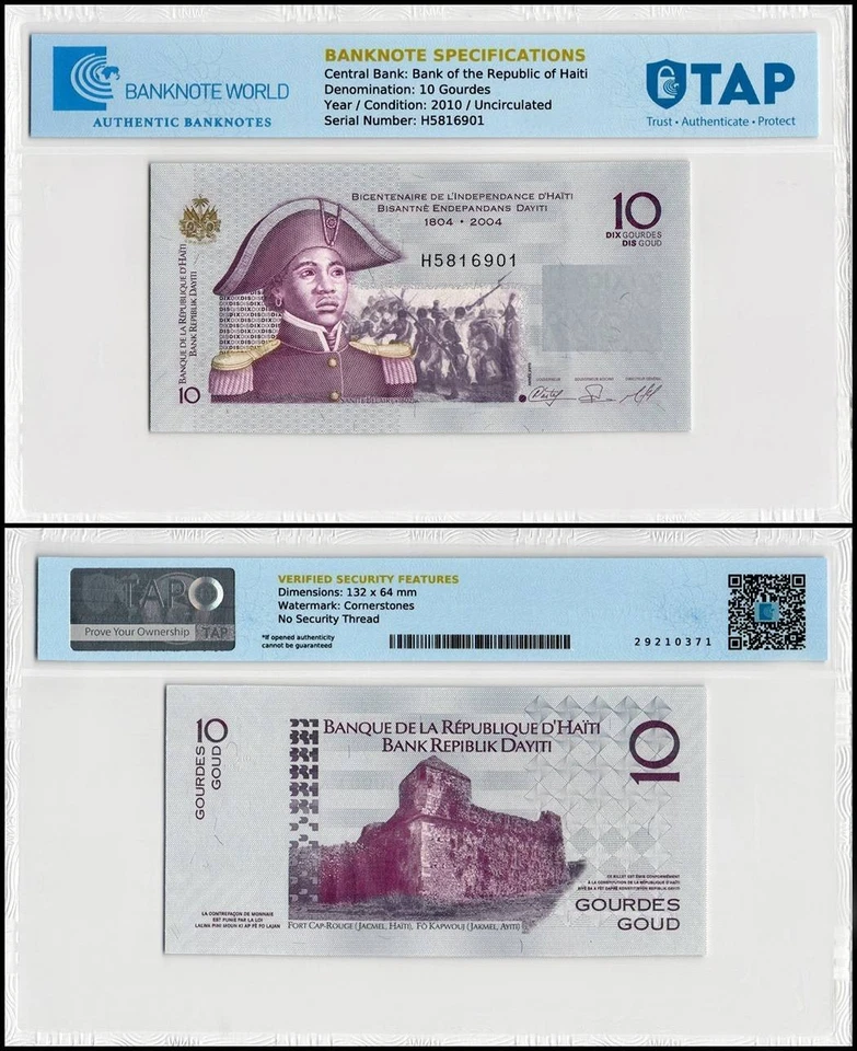 Haití 10 Gourdes, 2010, P-272d, Conmemorativo UNC, Autenticado Foto 1 de 1