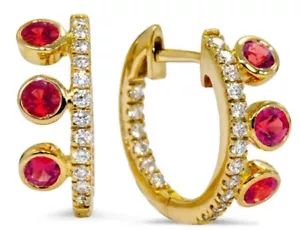 0.72ct Natural round Diamond 14k yellow gold ruby hoop Wedding stud earrings - Picture 1 of 3