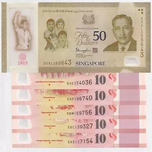 SINGAPORE SET 6 PZ $10 X 5 + $50 dollari 2015 SG50 polimero commemorativo UNC - Foto 1 di 7