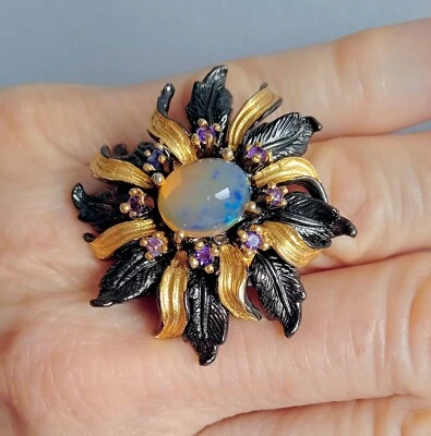 ANELLO ARGENTO ST. 925 BRUNITO E DORATO CON OPALE DI WELO E AMETISTE NATURALI - Immagine 1 di 4