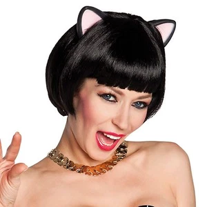 Ladies Black Long Bob Wig With Kitty Cat Ears Fancy Dress Accessory - Picture 1 of 1