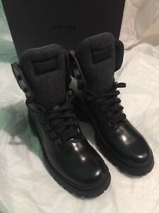 NEW PRADA LEATHER WOOL HIKING BOOT HI TOP HEEL VIBRAM SOLE BLACK UK 7 US MEN 8