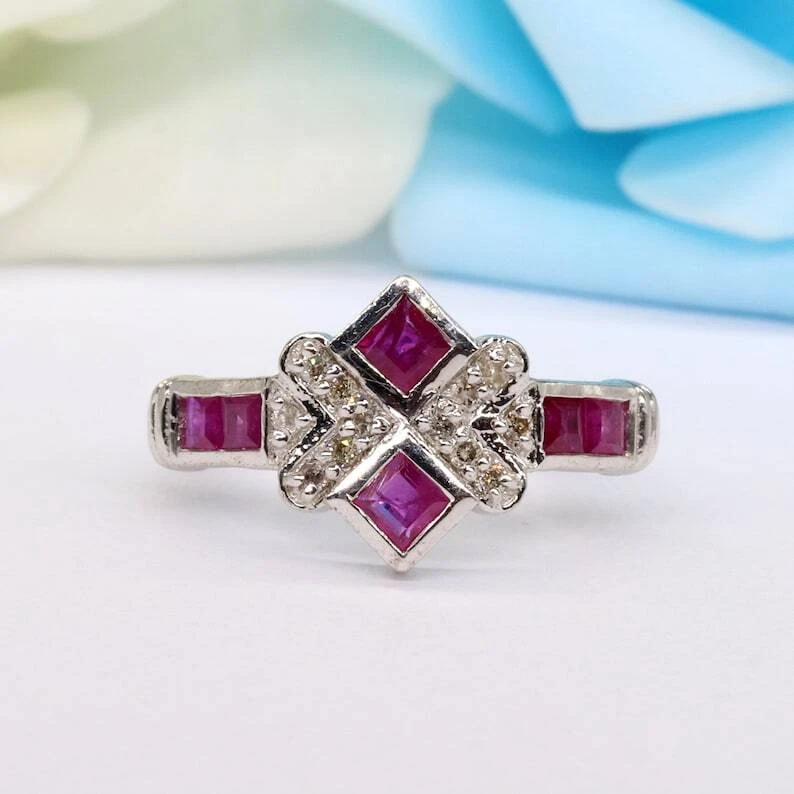 925 Sterling Silver Red Ruby and White Topaz Stackable Band Wedding Ring - Image 1 of 4