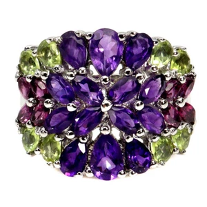 925 Sterling Silver Ring Pear Amethyst Peridot Rhodolite Gemstone Jewelry Size 8 - Picture 1 of 14