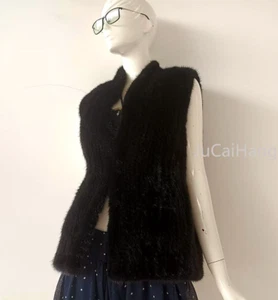 Knitted Real Mink Fur Vest Fur Waistcoat Vintage Small Stand Collar Black Thick - Picture 1 of 8