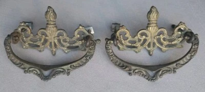 Pair Torch Flame Antique Bronze Drawer Pulls 4"x3" Reclaimed Victorian L 235 - Image 1 of 4