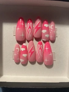 Hot Pink Press On False Nails, Various designs 10p Set Long Almond Pink Almond - Picture 1 of 2