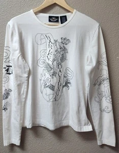 Women's White & Black Harley Davidson Long Sleeve Shirt Sz Large Jewels - Picture 1 of 6