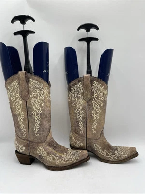 Corral Bone Embroidery Leather Square Toe Pull On Western Boots Teens Size 4T - Image 1 of 4