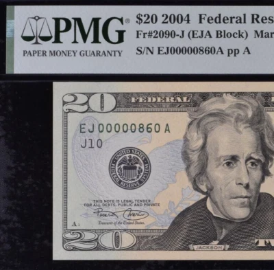 2004 $20 Federal Reserve Note PMG 64EPQ birthday low serial number 0000860 - Image 1 of 3